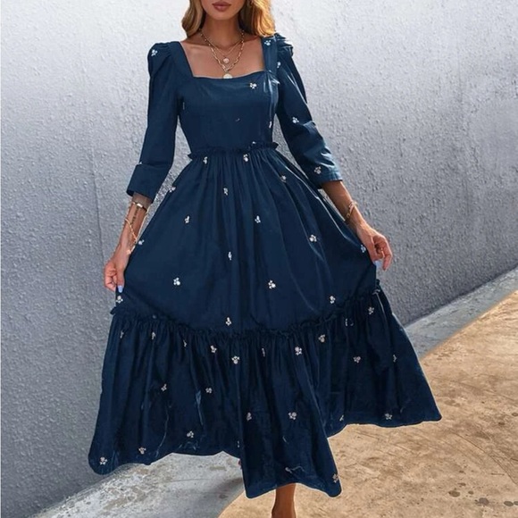 Boho Blue Floral Print Embroidered Ruffle Dress - Picture 2 of 5